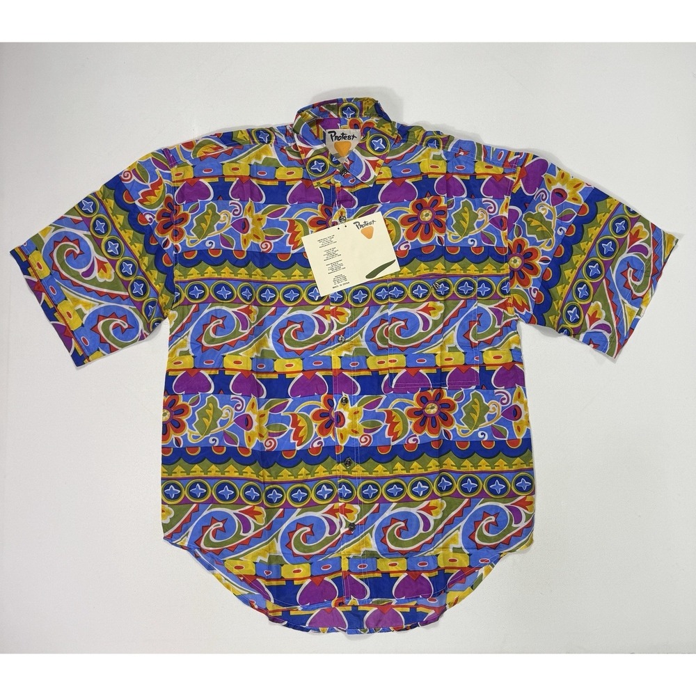 Vintage Protest Silk Shirt Mens Medium Floral Abstract AOP Beach Art NWT Party
